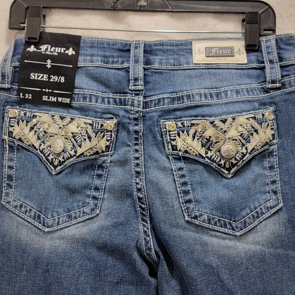 Fleur by Miss‎ Me Womens Jeans Sz 29/8 32L Boot Cut Embellished Pocket Slim Wide